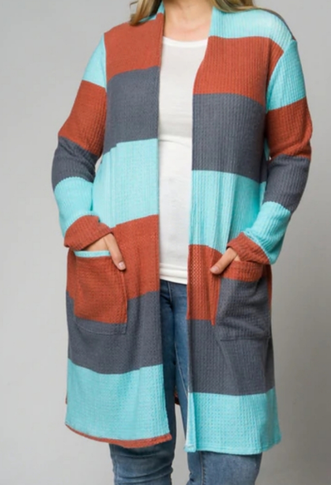 1X Aqua Colorblock Hacci Waffle Knit Cardigan - Picture 3 of 4